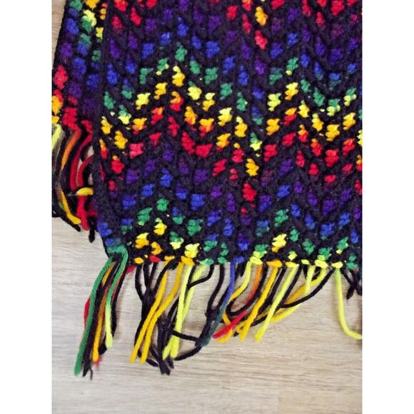Vintage Hand Crocheted Afghan Blanket Throw - Handmade Black & Rainbow 60x47 - Picture 4 of 4